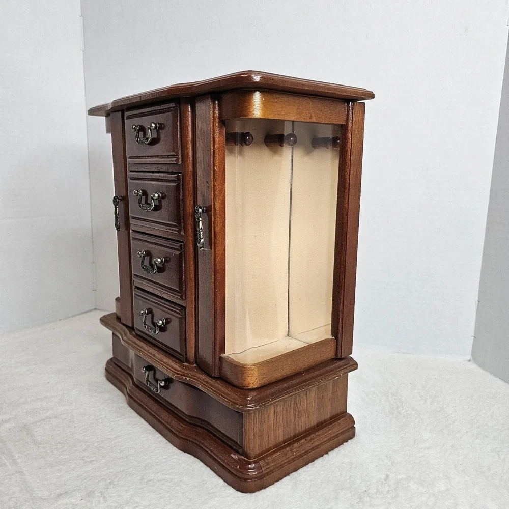 Vintage Wooden Jewelry Armoire Box Glass Side Doors 5 Drawers Brass Pulls Brown